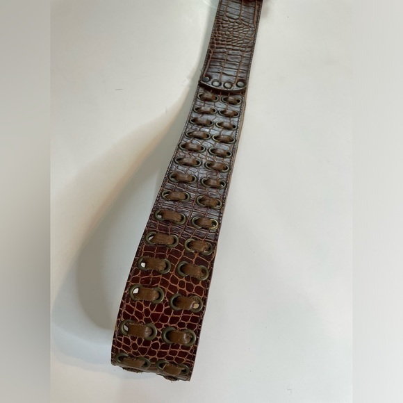 Leatherock Genuine Leather Brown Textured Lacing Whipstitch Double Buckle Belt - Picture 5 of 10